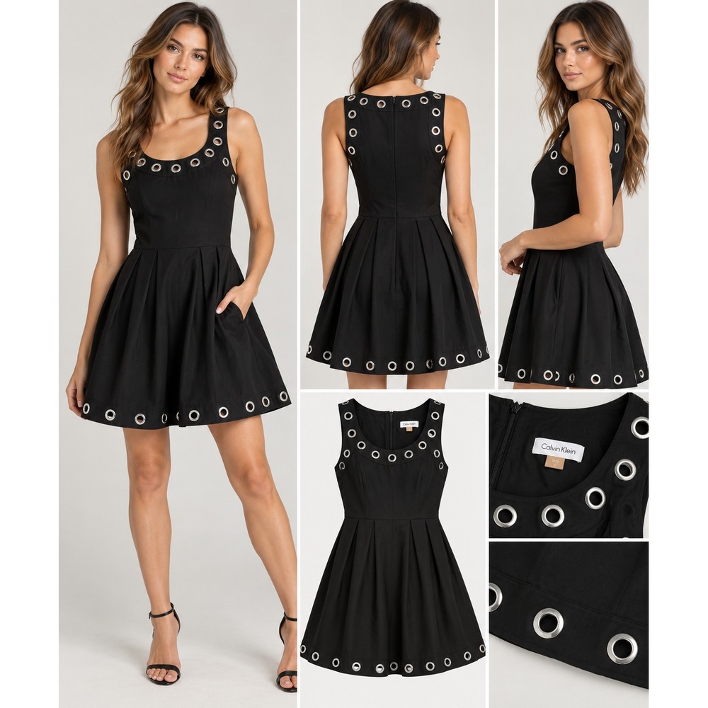 Calvin Klein Dress 2 Black Grommet Fit Flare Sleeveless Goth Punk Mini Cocktail